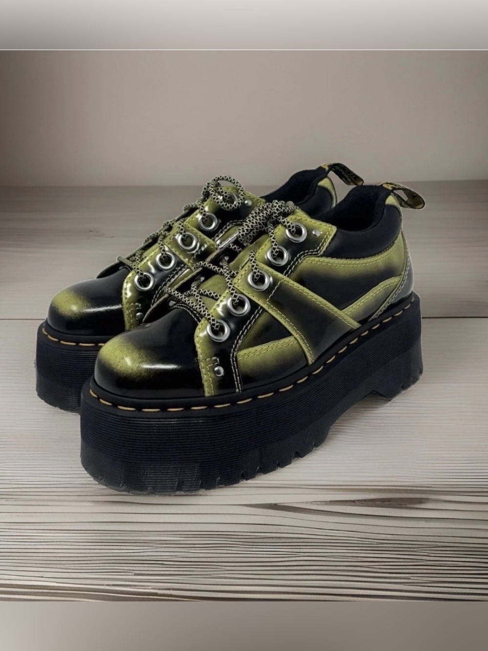 Dr.Martens 5EYE Quad Max Distressed Leather Platform Shoes Lime Green/Black NWOT